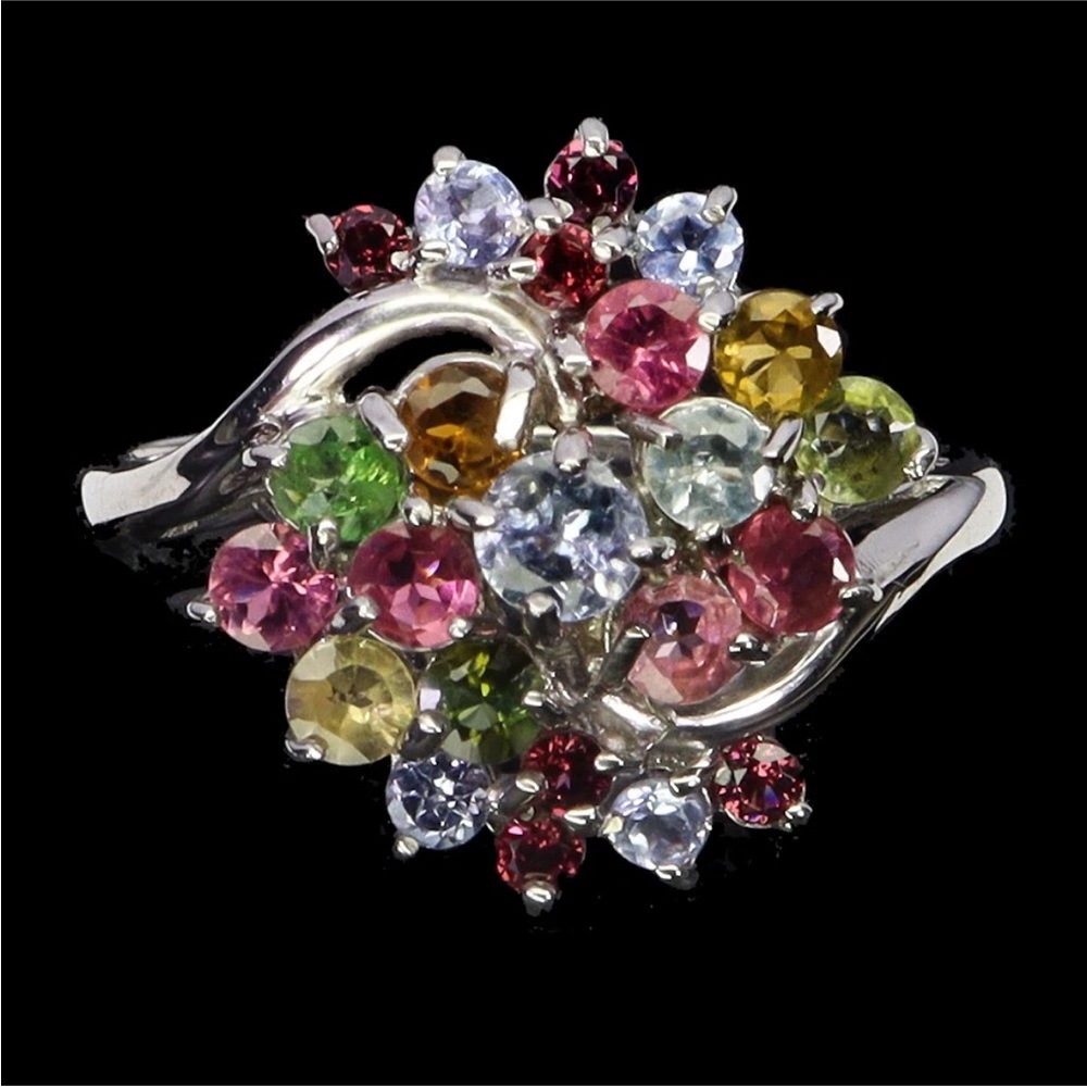 Natural Tanzanite, Garnet and Tourmaline set in 925 Sterling Silver Ring Sz 8